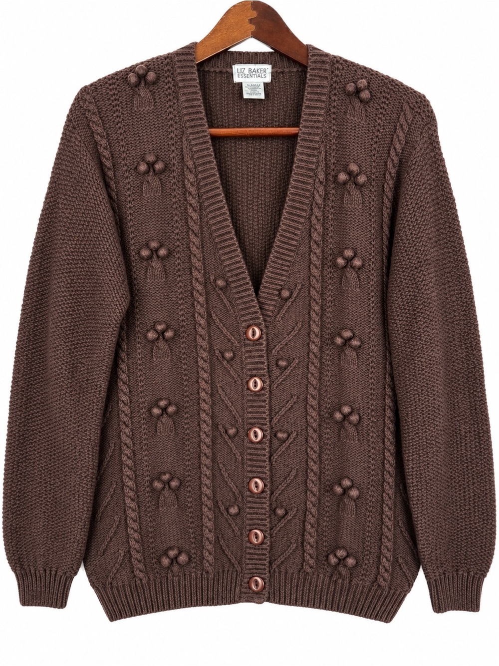 Vintage 90s Liz Baker Brown Bobble Cable Knit Cardigan XL Ramie Cotton